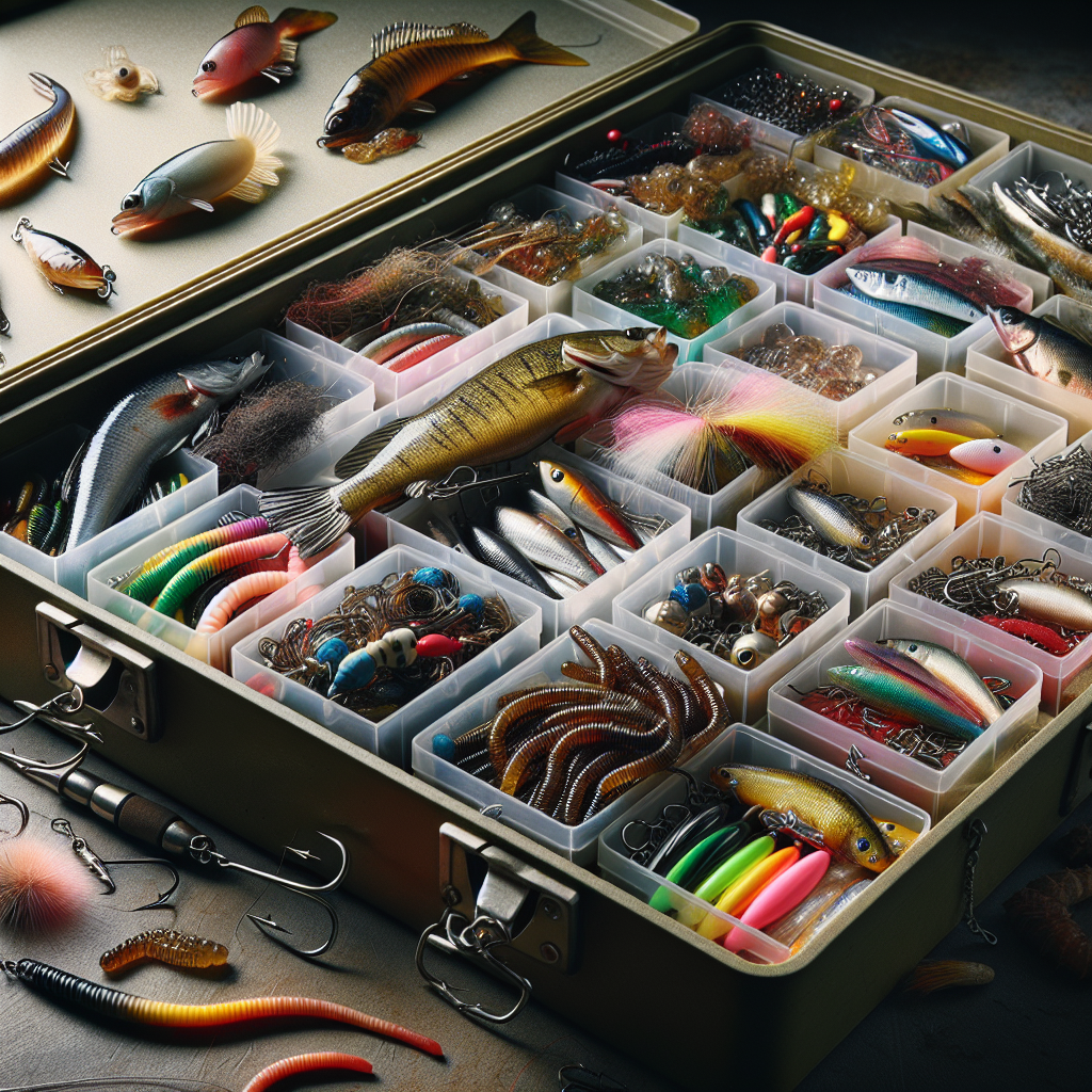 Various types of fishing bait in a tackle box